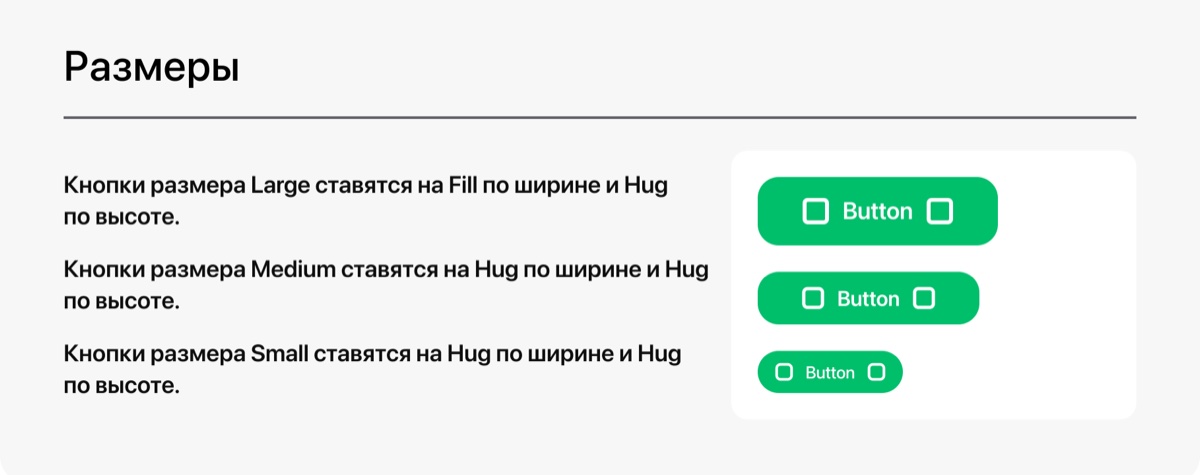 Документация кнопки: размеры